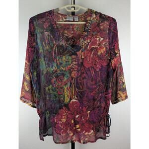 Vintage Chico's size 3 US XL 100% silk tunic length tie waist blouse colorful